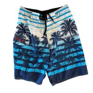 Quiksilver Unlined Board Shorts Cargo Pocket Palm Tree Design Blue Size 32